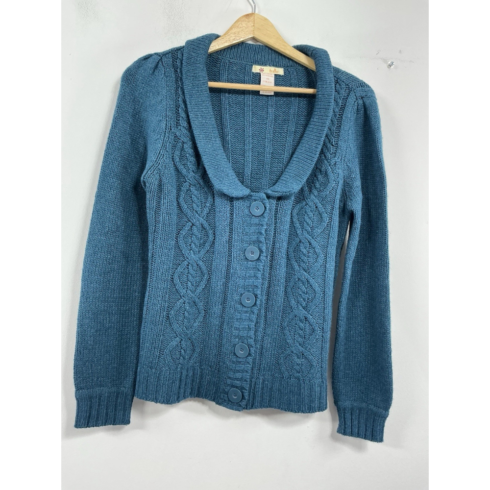 Womans Tulle Long Sleeve Cableknit Sweater XS Teal Button Down Collar
